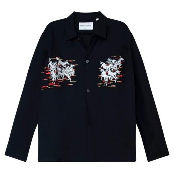 Our Legacy Mens Black Embroider Shirt sz 48 / Medium - Picture 1 of 5